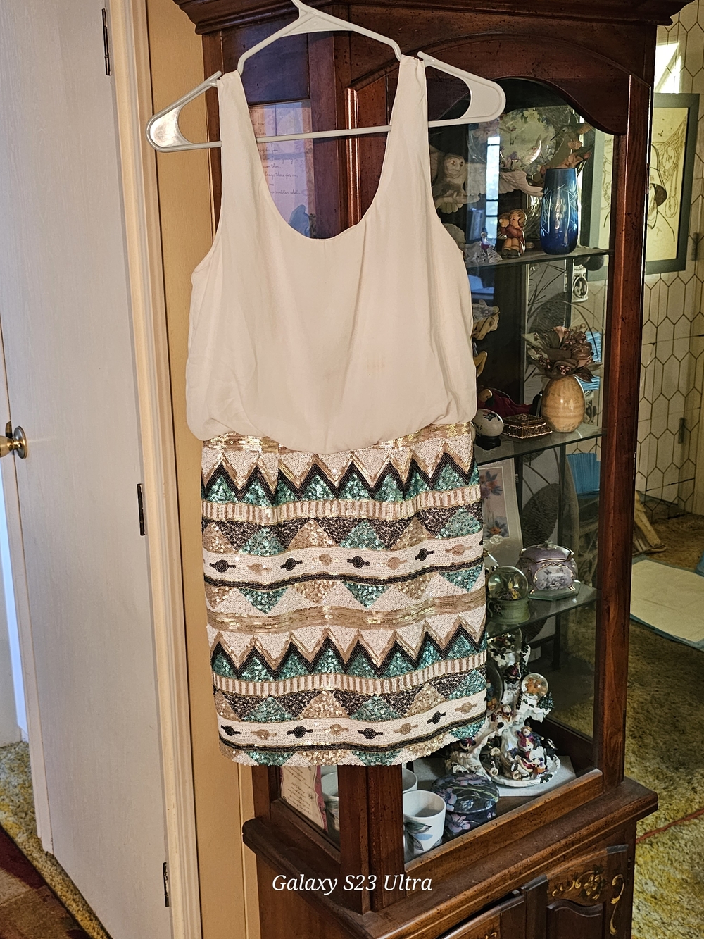 Myan Sleeveless Cream Mini Dress with Teal & Gold Sequin Skirt